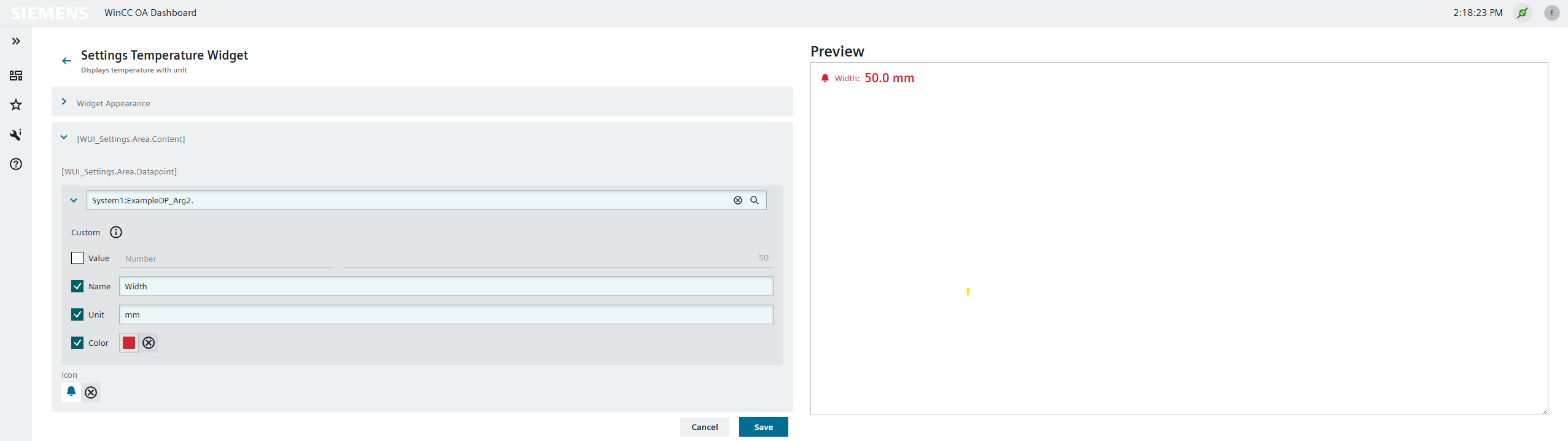 Temperature widget result