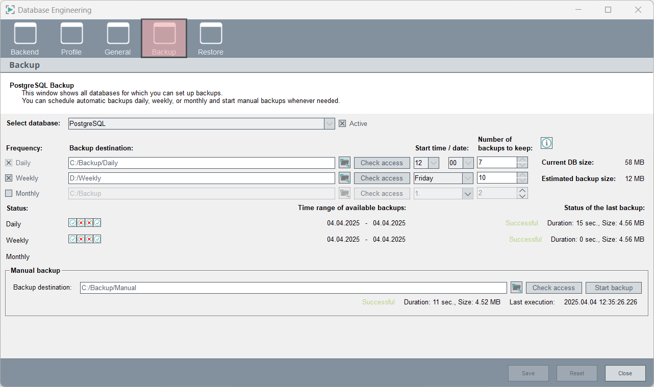 Database Backup Panel