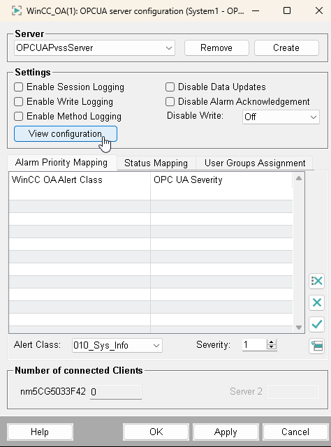 Shows the main window of the OPC UA Server Configuration Panel with various configuration options
