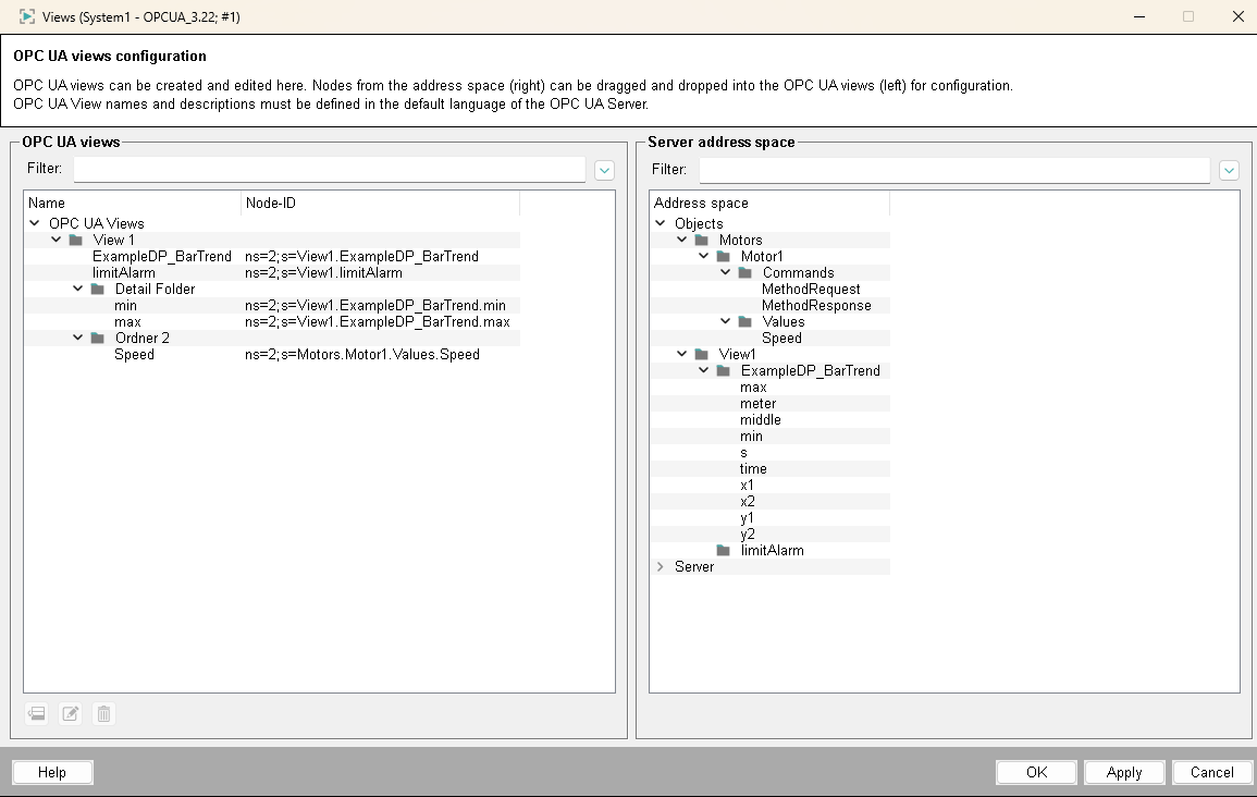 Shows the user interface for assigning UA nodes to Views with drag-and-drop functionality