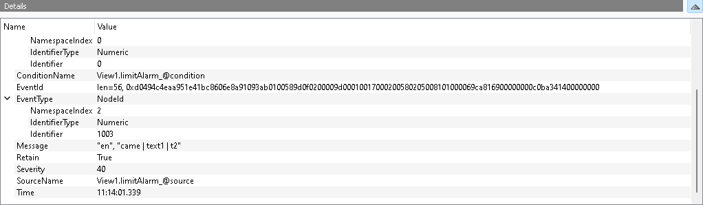 Shows an alert in UA Expert where placeholders have been replaced with actual values