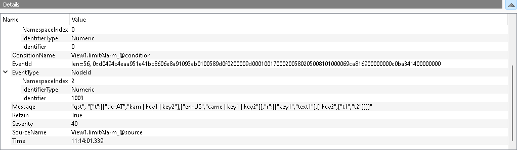 Shows the structured display of a qst alert in UA Expert with substitution keys and values
