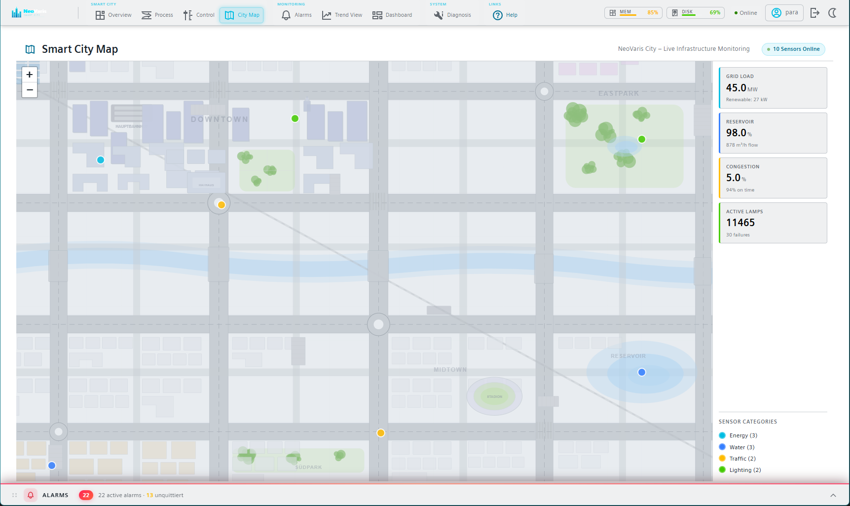 Interactive map view in the Smart City Dashboard